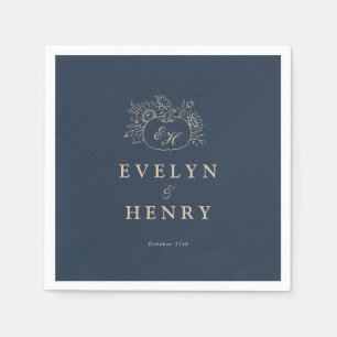 Trouwtafelkleden met marineblauw gouden monogram servet