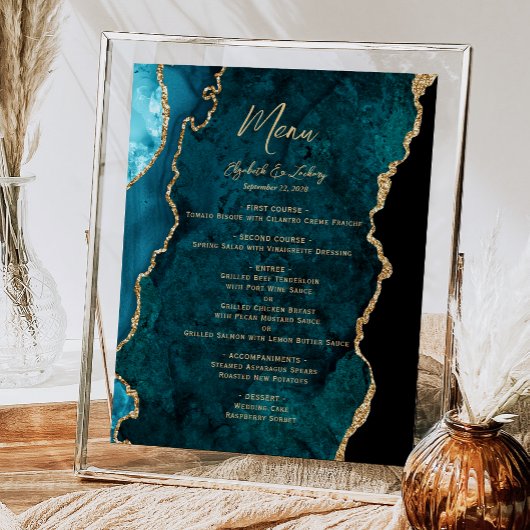 Trouwtafelmenu in Teal Blauw Goud Agaat Poster