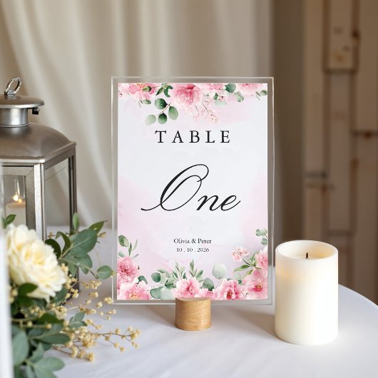 Trouwtafelnummer met Roze Bloemmotief Kaart