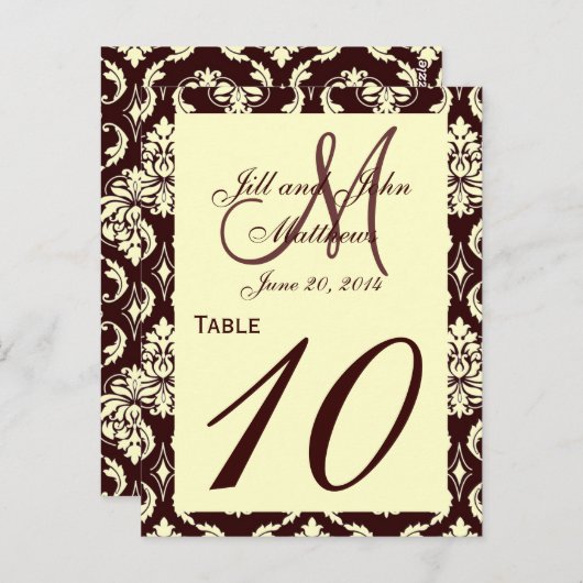 Trouwtafelnummers Bruin Ivoor Damask Briefkaart (Voorkant / Achterkant)