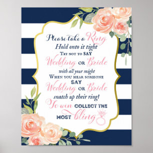 Trouwteken Navy Goud Folie Bruidsfeest Bord 8x10 Poster