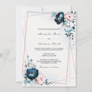 Trouwtemplate in marineblauw en roze goud kaart