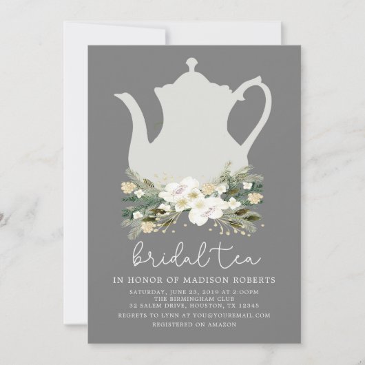 Trouwthee Grijs Waterverf Bloemen Uitnodiging (Voorkant)