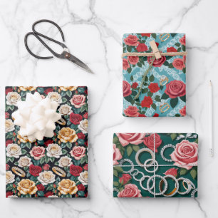 Trouwthema met Rozen en trouwringen Inpakpapier Vel