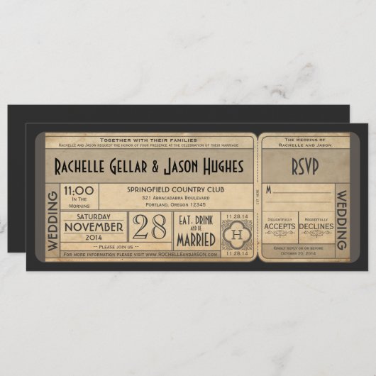 Trouwticket uitnodiging vintage met RSVP II (Voorkant / Achterkant)