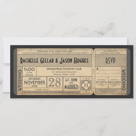 Trouwticket uitnodiging vintage met RSVP II (Voorkant)