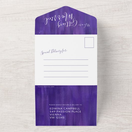 trouwtrouwfoto paarse rsvp tekst all in one uitnodiging (Buitenkant)