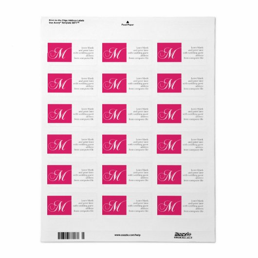 Trouwuitnodiging Adresetiketten Roze Monogram M Etiket (Full Sheet)