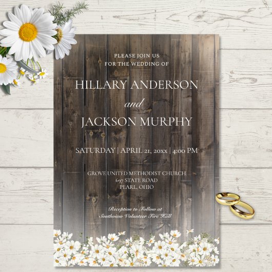 Trouwuitnodiging Barnwood en Madeliefjes Kaart