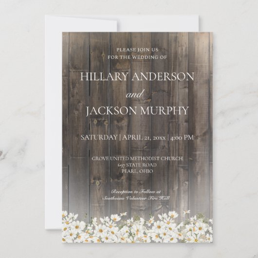 Trouwuitnodiging Barnwood en Madeliefjes Kaart (Voorkant)