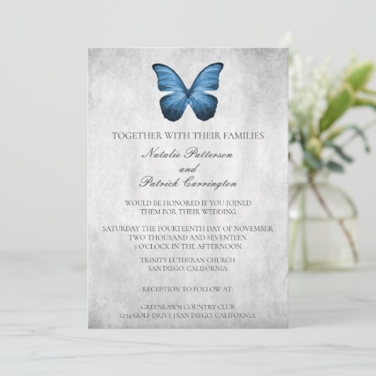 Trouwuitnodiging Blauwe Vlinder Kaart (Staand voorkant)