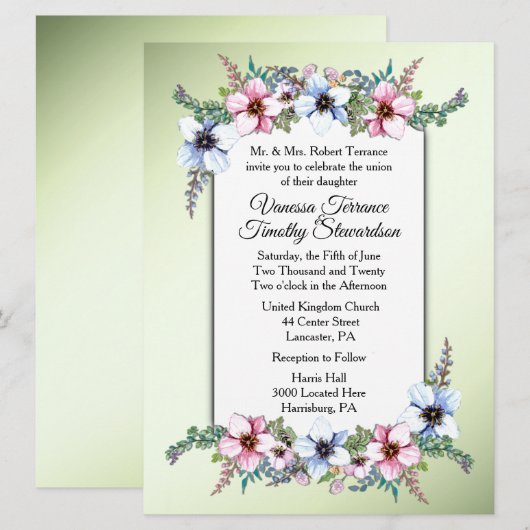 Trouwuitnodiging bloemen groen kaart (Voorkant / Achterkant)