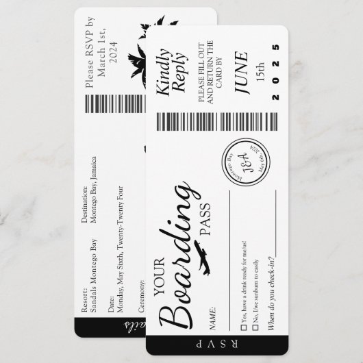 Trouwuitnodiging - Boarding Pass RSVP Kaart (Voorkant / Achterkant)