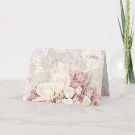 Trouwuitnodiging - Crème-wit-roze rozen. (Voorkant)