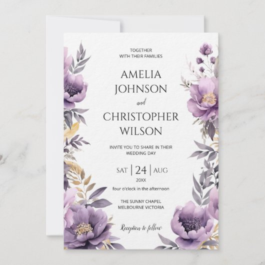Trouwuitnodiging elegante lila bloemenUitnodiging Kaart (Voorkant)