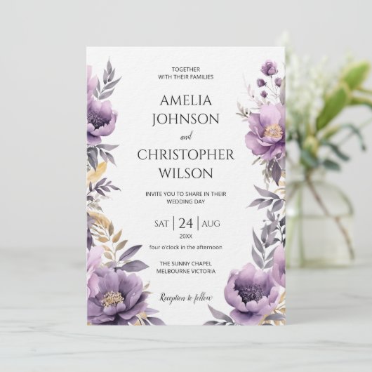 Trouwuitnodiging elegante lila bloemenUitnodiging Kaart (Staand voorkant)