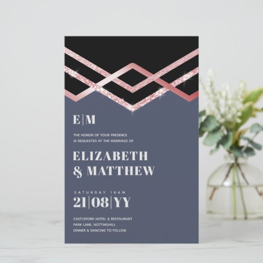 Trouwuitnodiging Glam Glitter Rosegoud Zwart Deco (Staand voorkant)