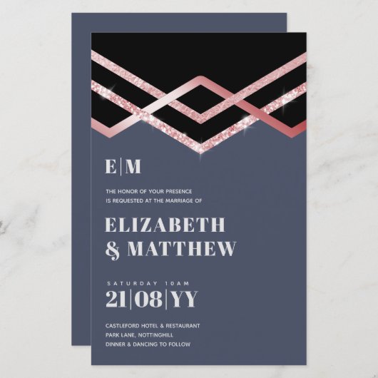 Trouwuitnodiging Glam Glitter Rosegoud Zwart Deco (Voorkant / Achterkant)