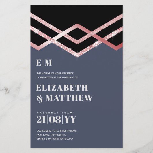 Trouwuitnodiging Glam Glitter Rosegoud Zwart Deco (Voorkant)