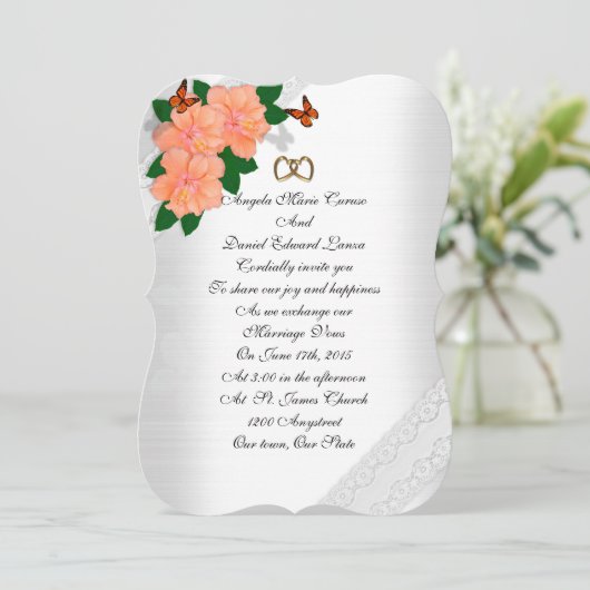 Trouwuitnodiging hibiscus en vlinders kaart (Staand voorkant)