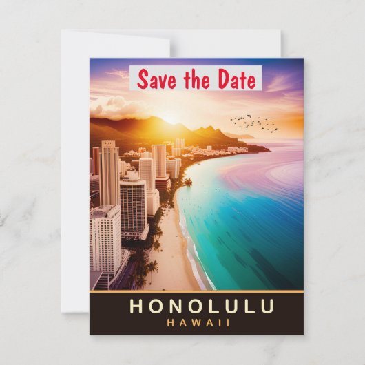 Trouwuitnodiging Honolulu Hawaï Skyline Roze Save The Date (Voorkant)
