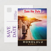 Trouwuitnodiging Honolulu Hawaï Skyline Roze Save The Date (Voorkant / Achterkant)