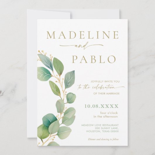 Trouwuitnodiging in goud en saliegroen kaart (Achterkant)