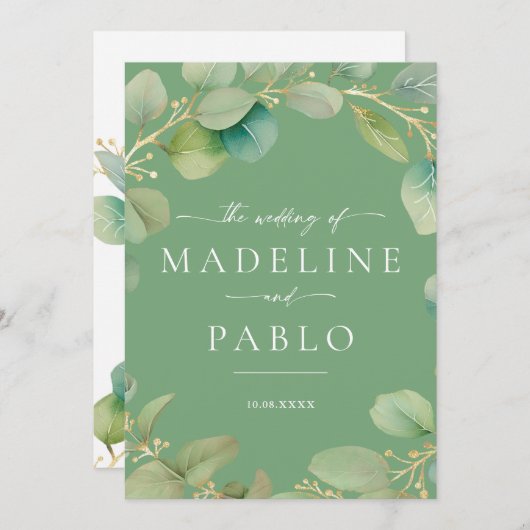 Trouwuitnodiging in goud en saliegroen kaart (Voorkant / Achterkant)