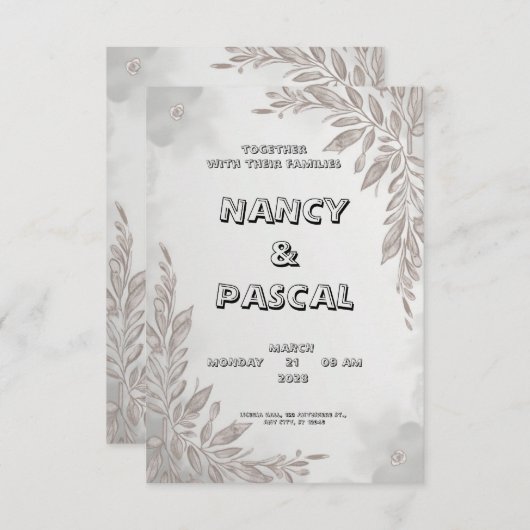 Trouwuitnodiging in grijs met bloemmotieven kaart (Voorkant / Achterkant)