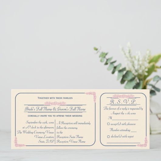 Trouwuitnodiging in Navy en Roze met RSVP kaartje Kaart (Staand voorkant)