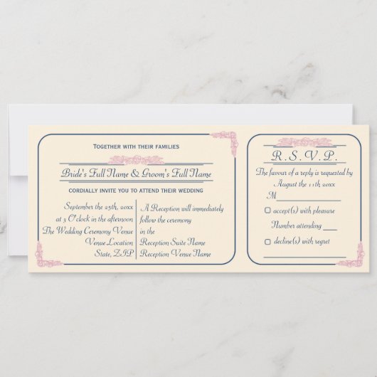 Trouwuitnodiging in Navy en Roze met RSVP kaartje Kaart (Voorkant)