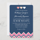 Trouwuitnodiging in Navyblauw en Roze Chevron Lief Kaart (Voorkant)