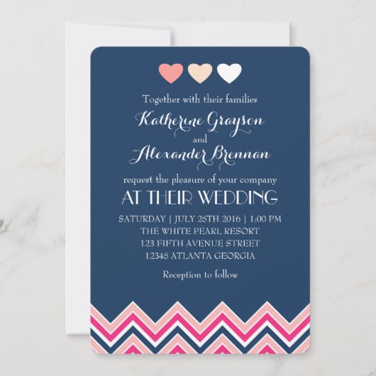 Trouwuitnodiging in Navyblauw en Roze Chevron Love Kaart (Voorkant)
