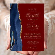 Trouwuitnodiging in Navyblauw Goud Agaat Bourgondi