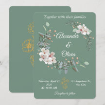 Trouwuitnodiging in saliegroen met bloemen - bewer