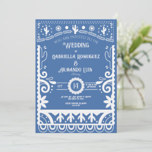 Trouwuitnodiging Lichtblauw & Wit Papel Picado Kaart