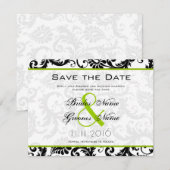 Trouwuitnodiging met appelgroene damastwervelingen save the date (Voorkant / Achterkant)