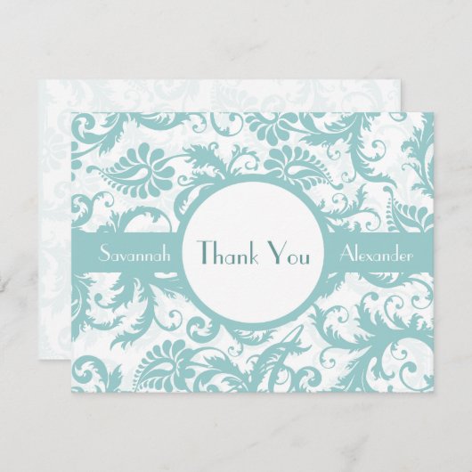 Trouwuitnodiging met aquablauwe damastwervelingen kaart (Voorkant / Achterkant)