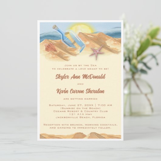 Trouwuitnodiging met bericht in een fles kaart (Staand voorkant)