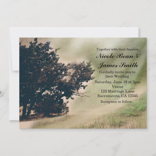 Trouwuitnodiging met boom & rustieke landweg kaart (Voorkant)