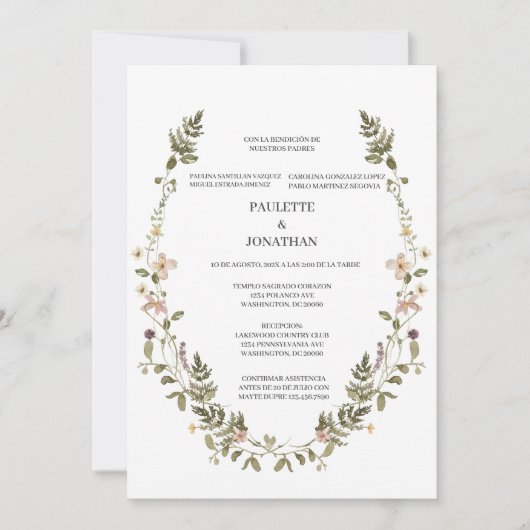 Trouwuitnodiging met bosbloemenboeket  kaart (Voorkant)