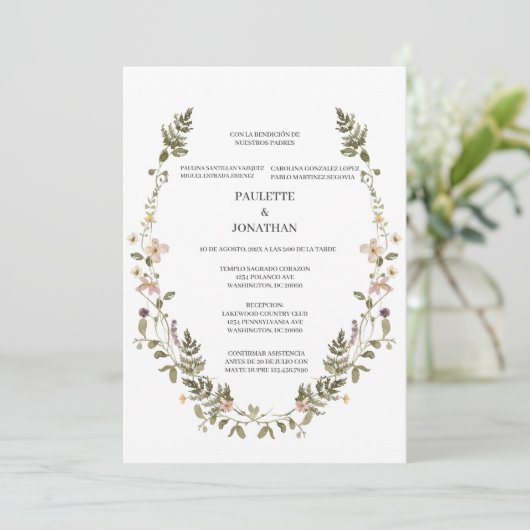 Trouwuitnodiging met bosbloemenboeket  kaart (Staand voorkant)