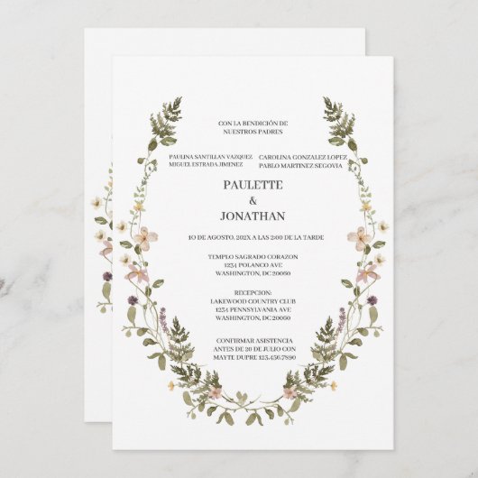 Trouwuitnodiging met bosbloemenboeket  kaart (Voorkant / Achterkant)