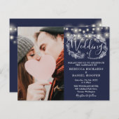 Trouwuitnodiging met budget navyblauwe details en  (Voorkant / Achterkant)