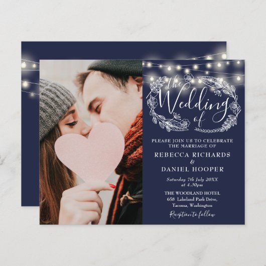 Trouwuitnodiging met budget navyblauwe details en (Voorkant / Achterkant)