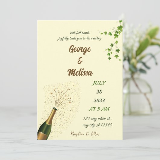Trouwuitnodiging met champagnethema kaart (Staand voorkant)