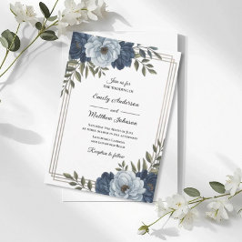 Trouwuitnodiging met donkerblauwe bloemenframe kaart