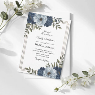 Trouwuitnodiging met donkerblauwe bloemenframe kaart