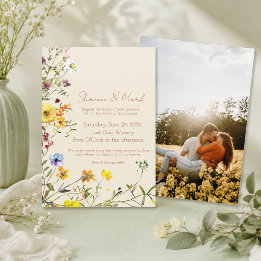 Trouwuitnodiging met foto en wilde bloementuin kaart