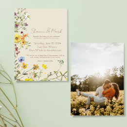 Trouwuitnodiging met foto en wilde bloementuin kaart